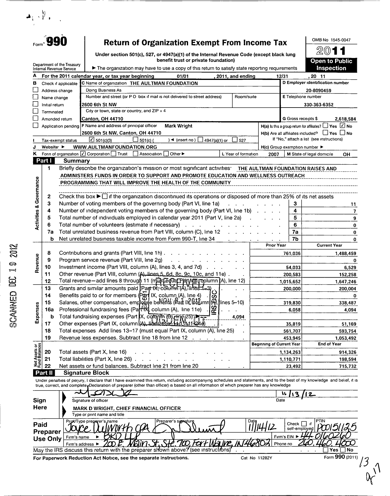 Image of first page of 2011 Form 990 for The Aultman Foundation