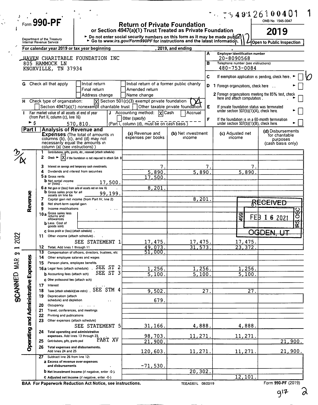 Image of first page of 2019 Form 990PF for Haven Charitable Foundation