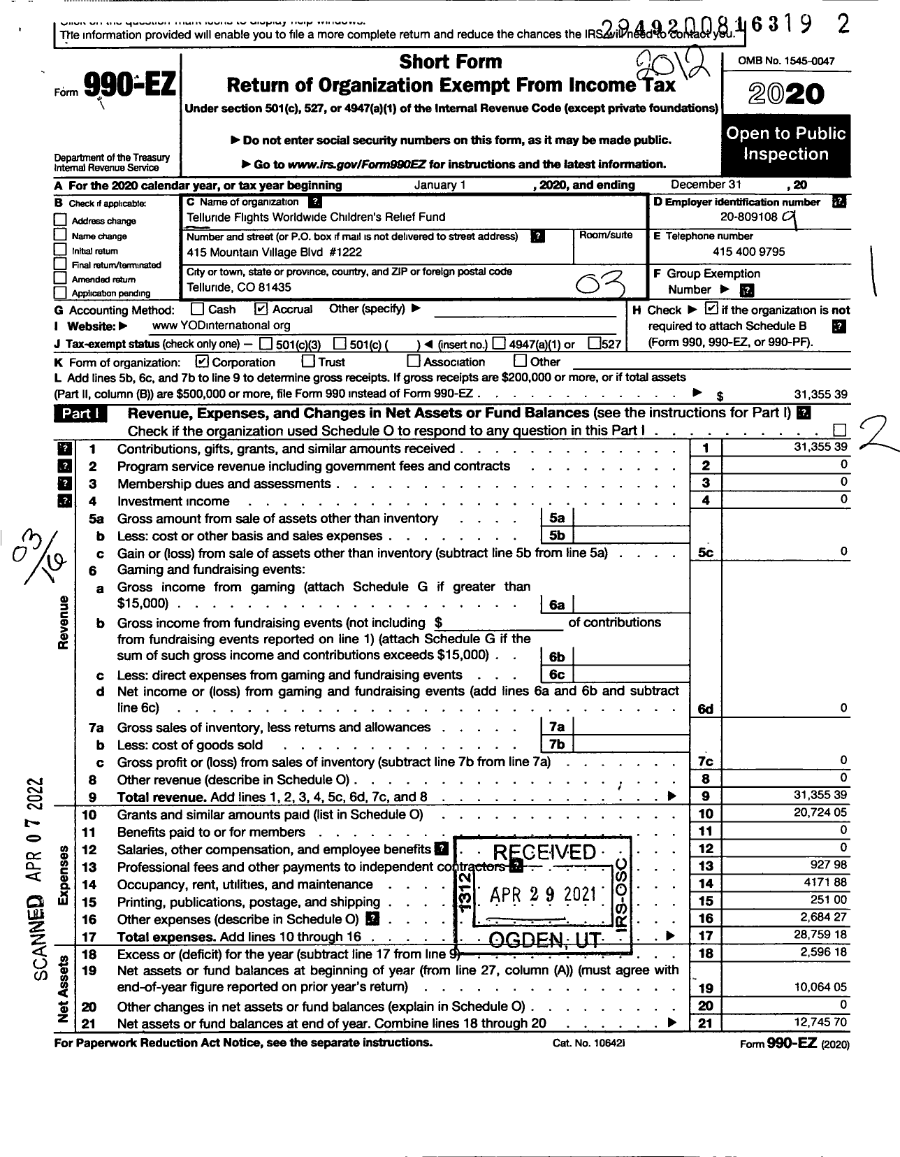 Image of first page of 2020 Form 990EZ for Telluride Flights Worldwide Childrens Relief Fund