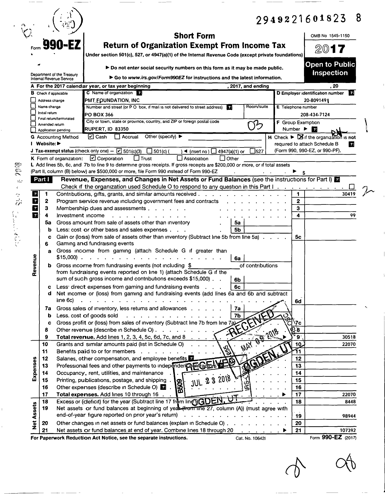 Image of first page of 2017 Form 990EZ for PMT Foundation