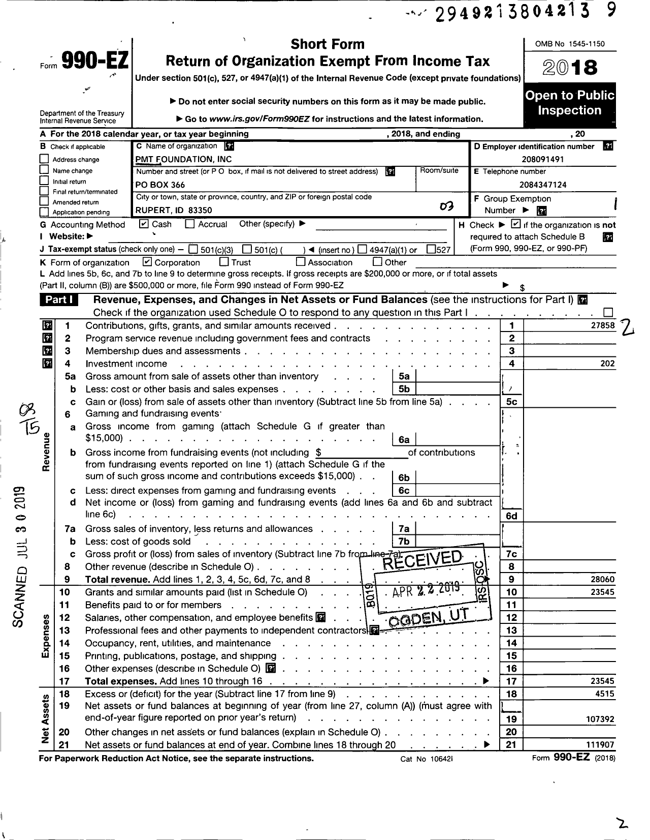 Image of first page of 2018 Form 990EZ for PMT Foundation