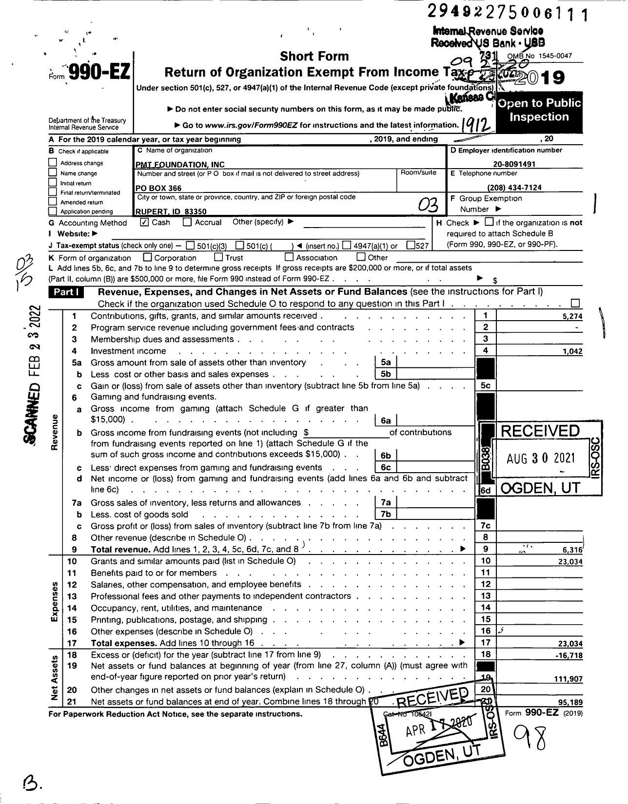 Image of first page of 2019 Form 990EZ for PMT Foundation