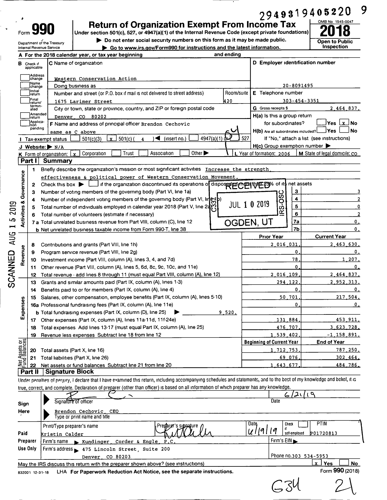 Image of first page of 2018 Form 990O for Western Conservation Foundation