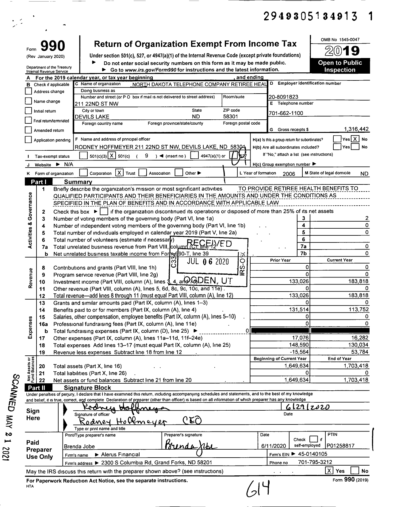 Image of first page of 2019 Form 990O for North Dakota Telephone Company Retiree