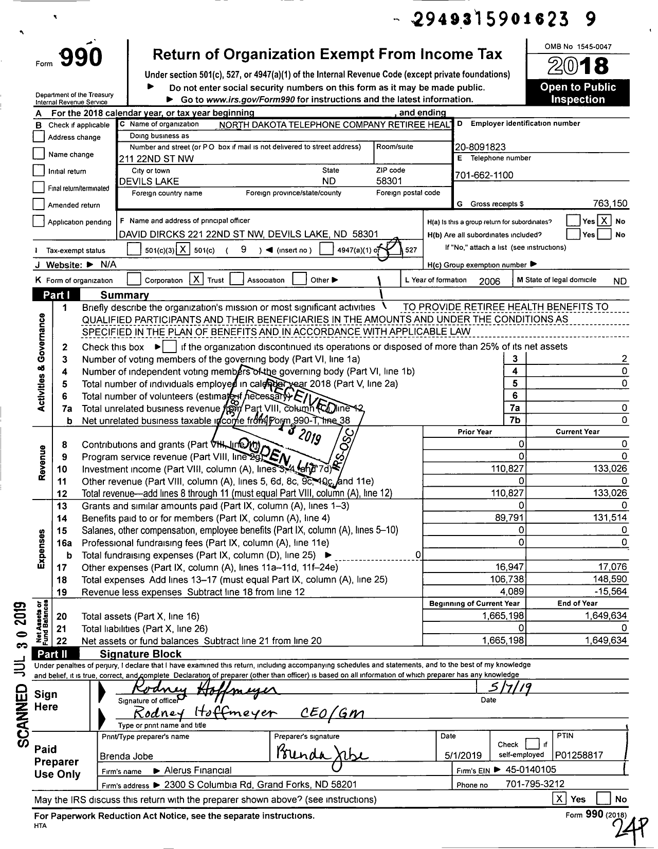 Image of first page of 2018 Form 990O for North Dakota Telephone Company Retiree