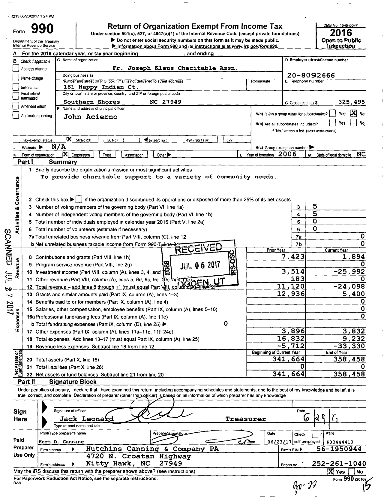 Image of first page of 2016 Form 990 for FR Joseph Klaus Association To Benefit Koc Council 8759