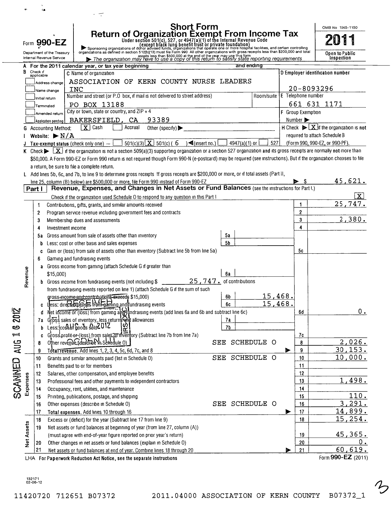 Image of first page of 2011 Form 990EO for Association of Kern County Nurse Leaders