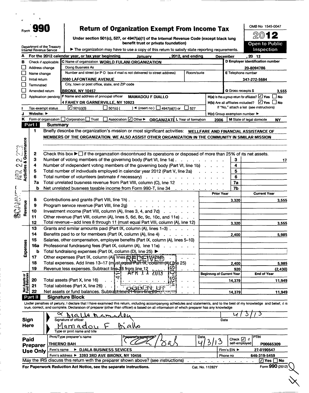 Image of first page of 2012 Form 990 for World Fulani Organization