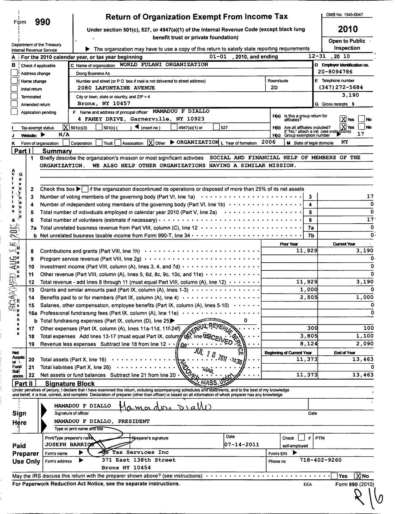 Image of first page of 2010 Form 990 for World Fulani Organization