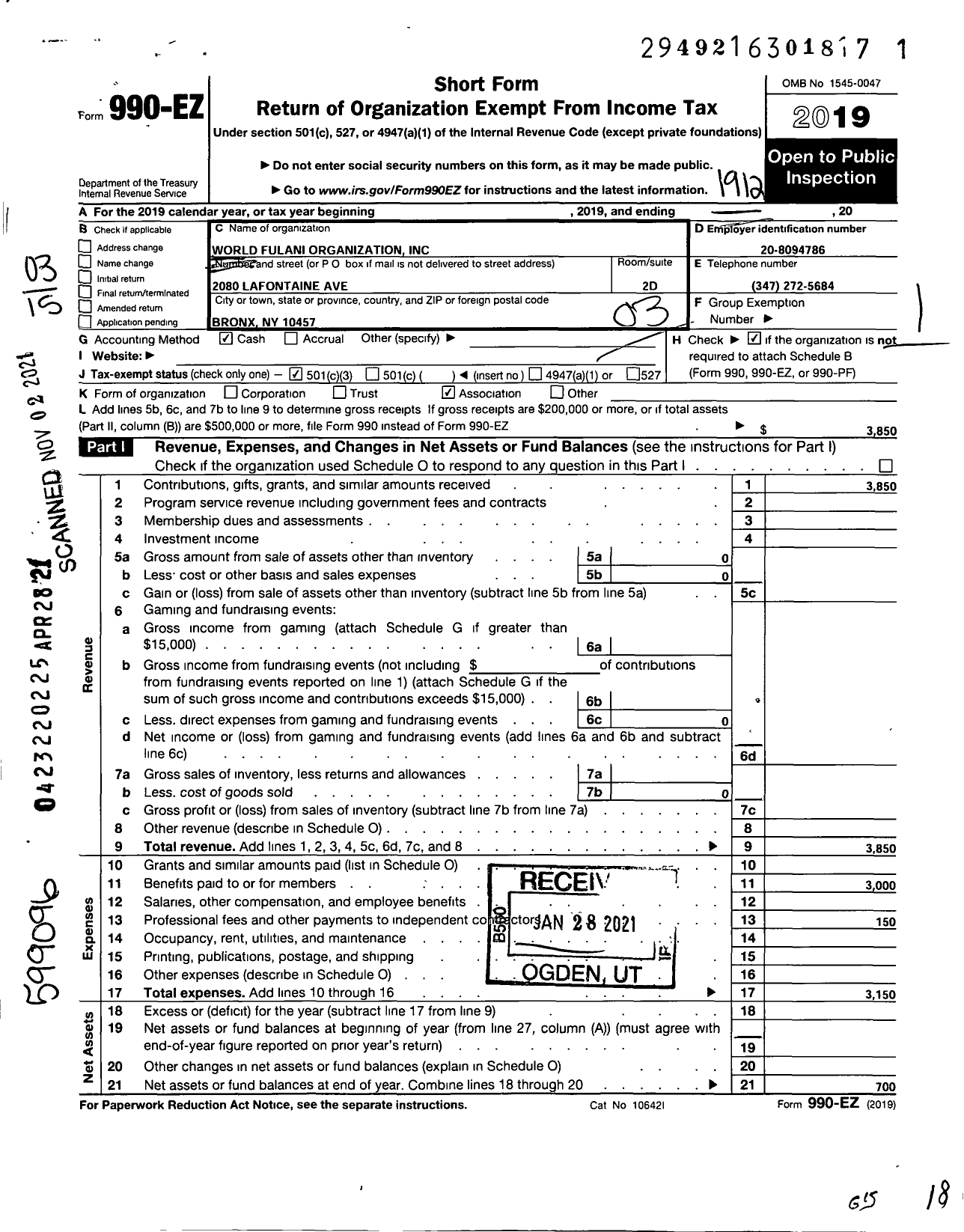 Image of first page of 2019 Form 990EZ for World Fulani Organization