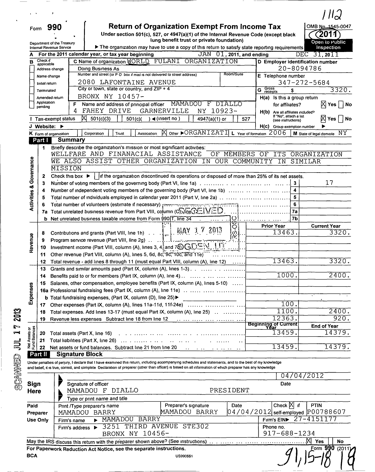 Image of first page of 2011 Form 990 for World Fulani Organization