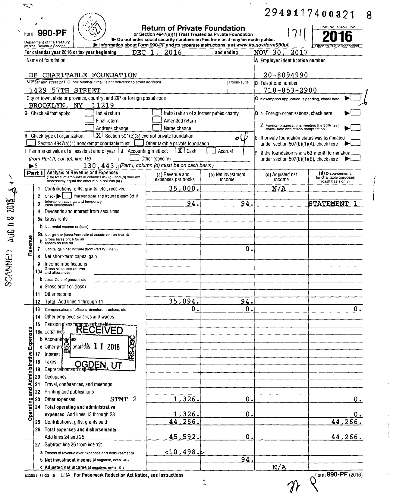 Image of first page of 2016 Form 990PF for De Charitable Foundation