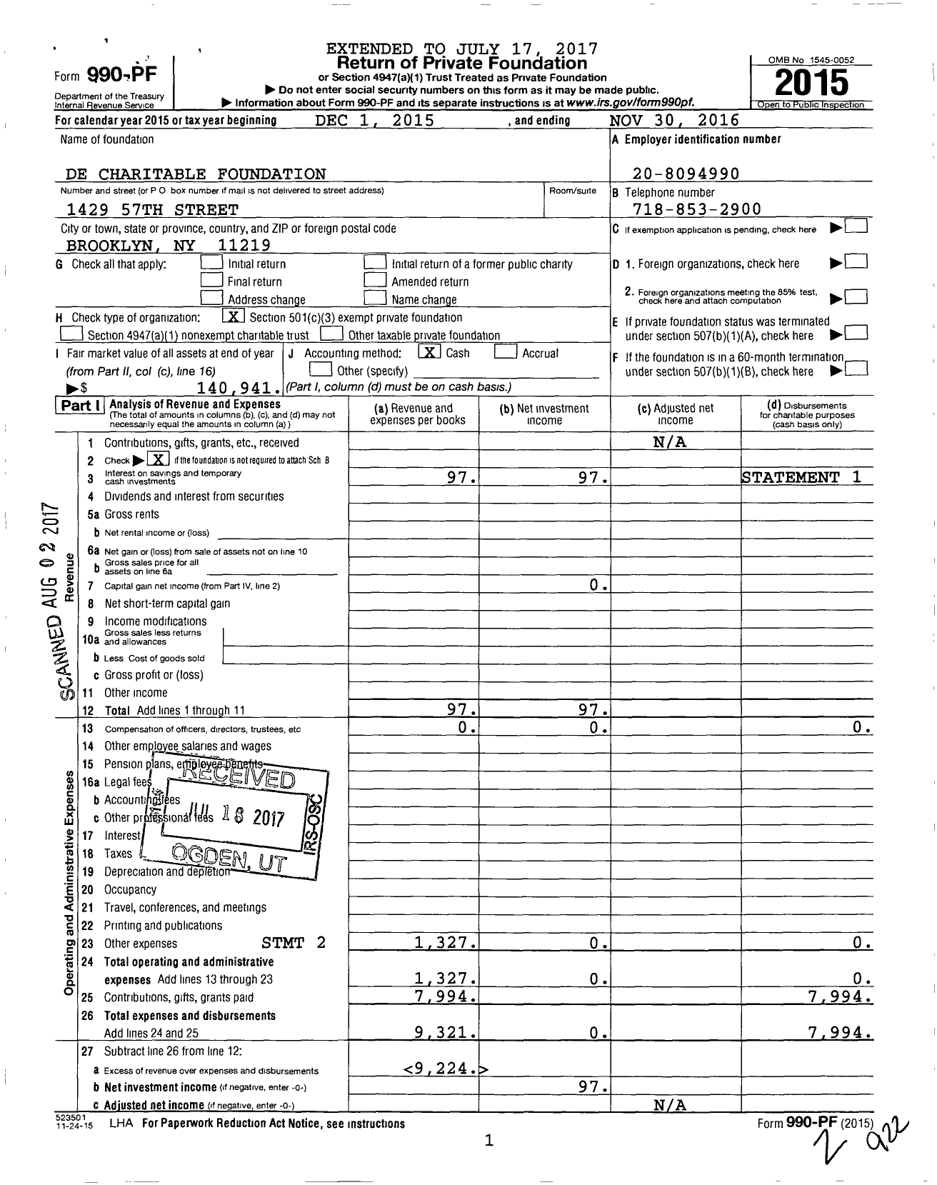 Image of first page of 2015 Form 990PF for De Charitable Foundation