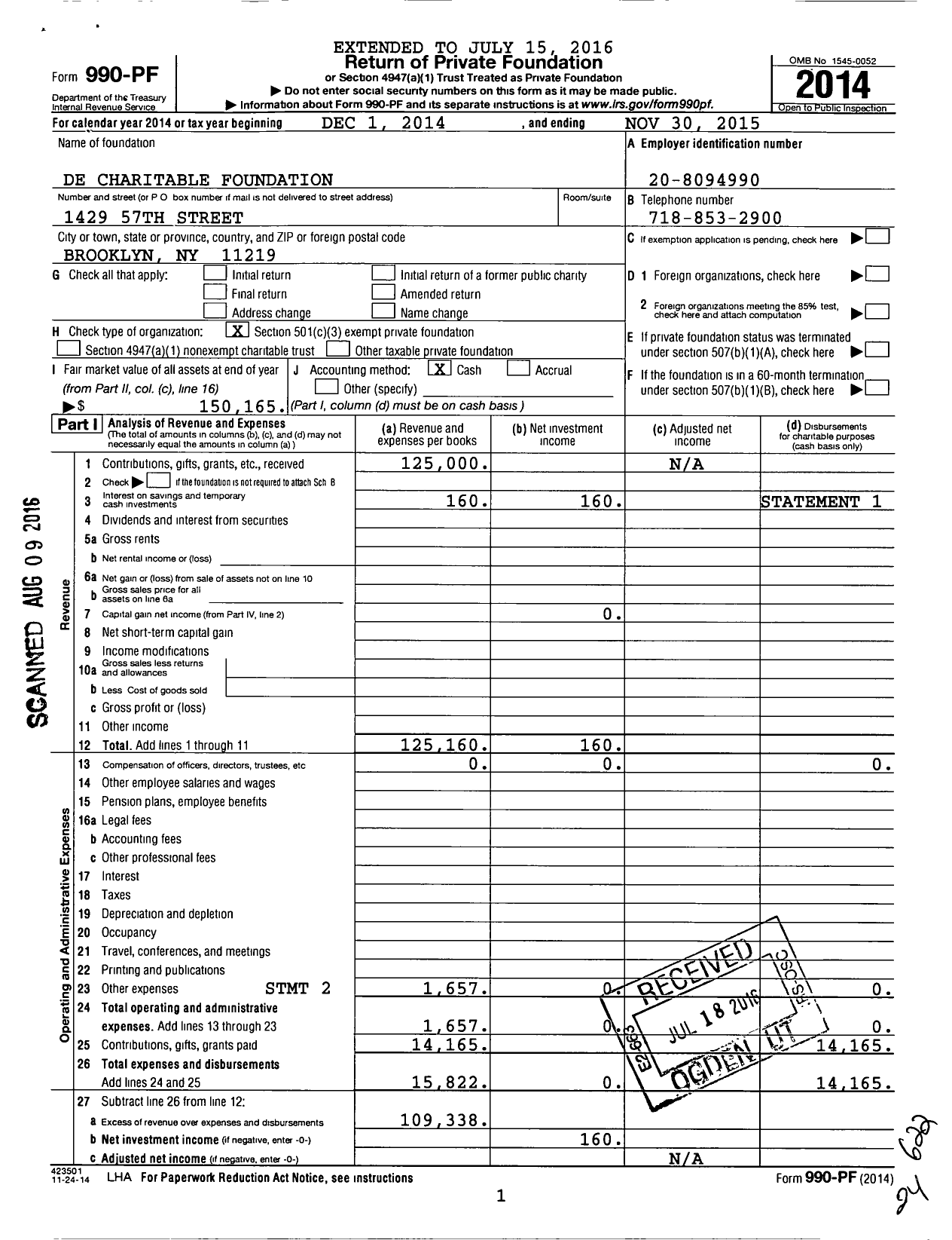 Image of first page of 2014 Form 990PF for De Charitable Foundation