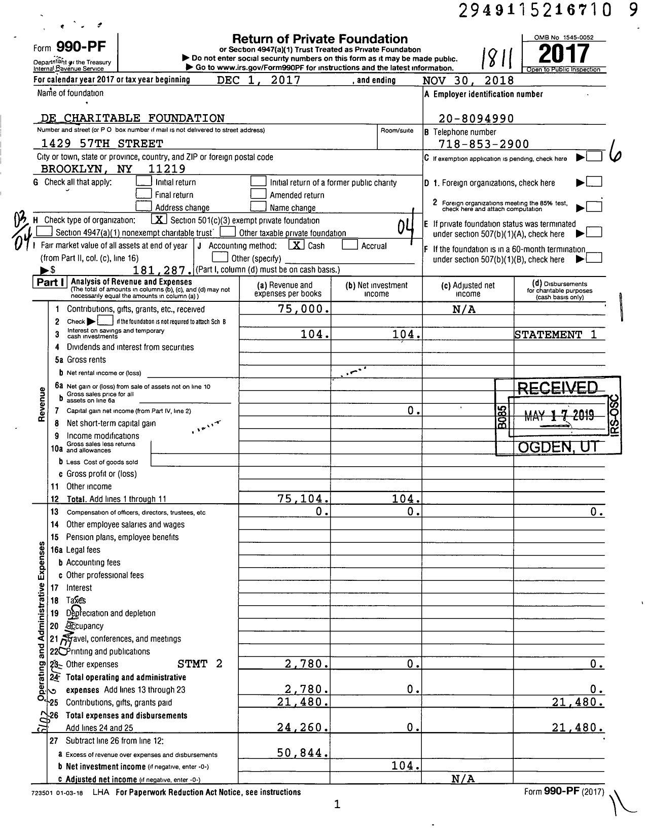 Image of first page of 2017 Form 990PF for De Charitable Foundation