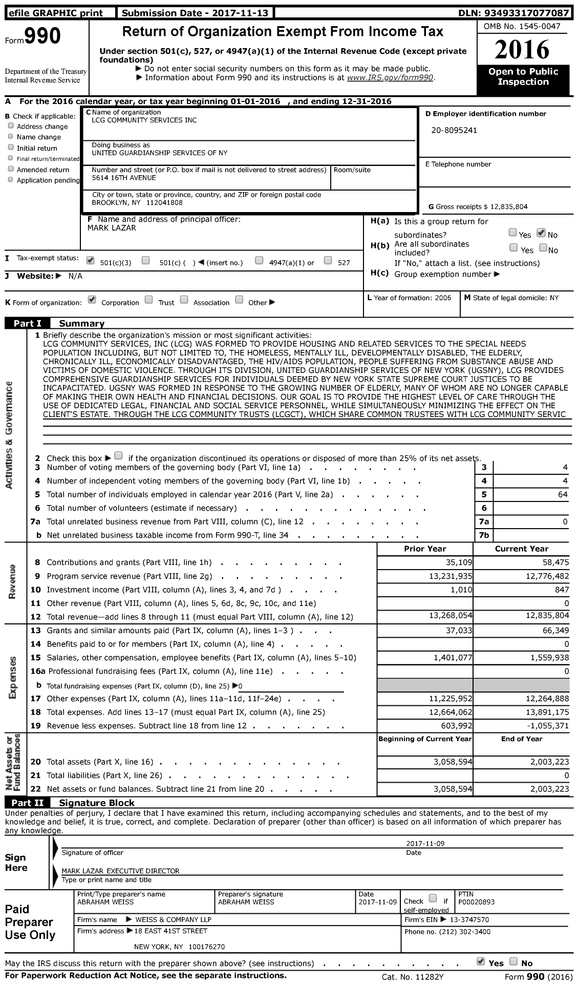 Image of first page of 2016 Form 990 for United Guardianship Services of Ny
