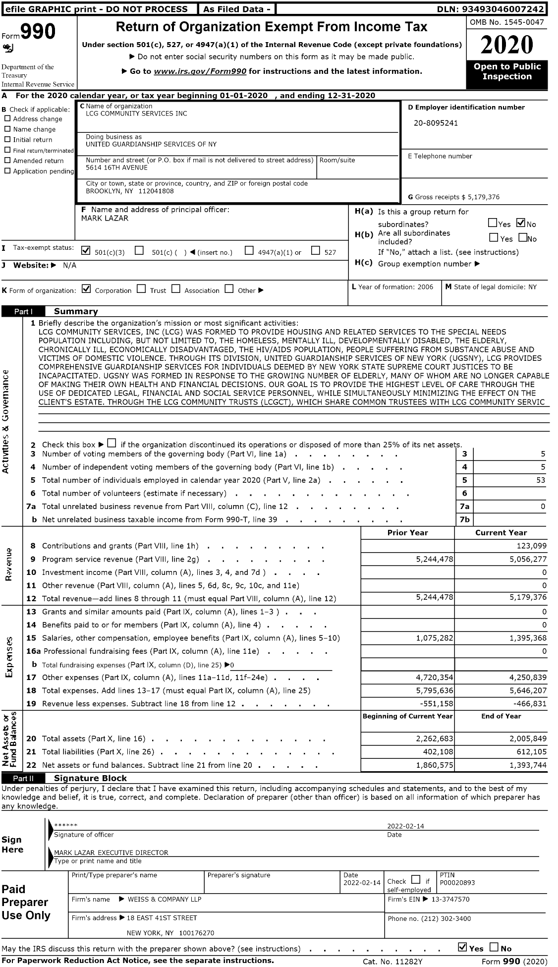 Image of first page of 2020 Form 990 for United Guardianship Services of Ny