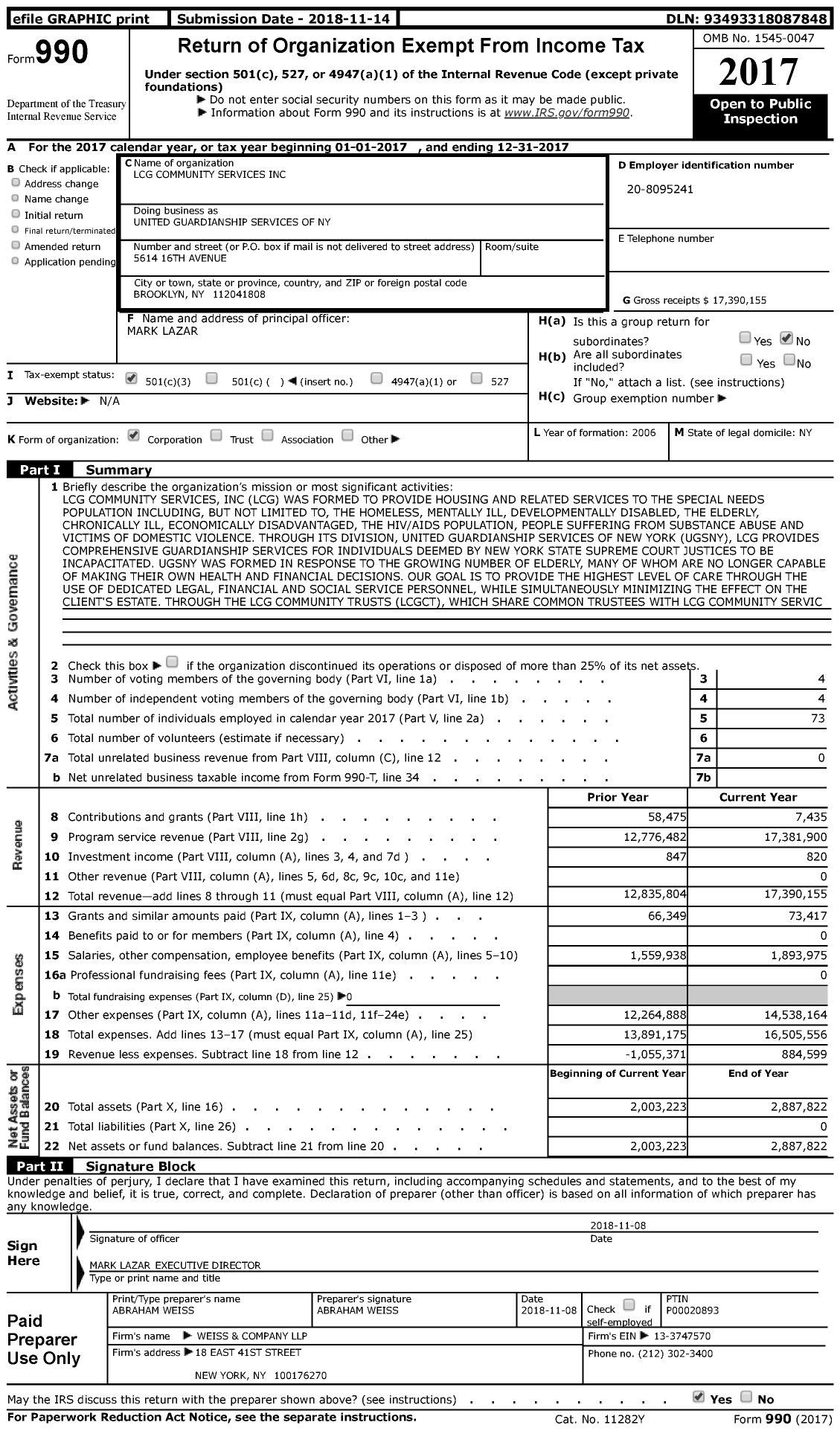 Image of first page of 2017 Form 990 for United Guardianship Services of Ny