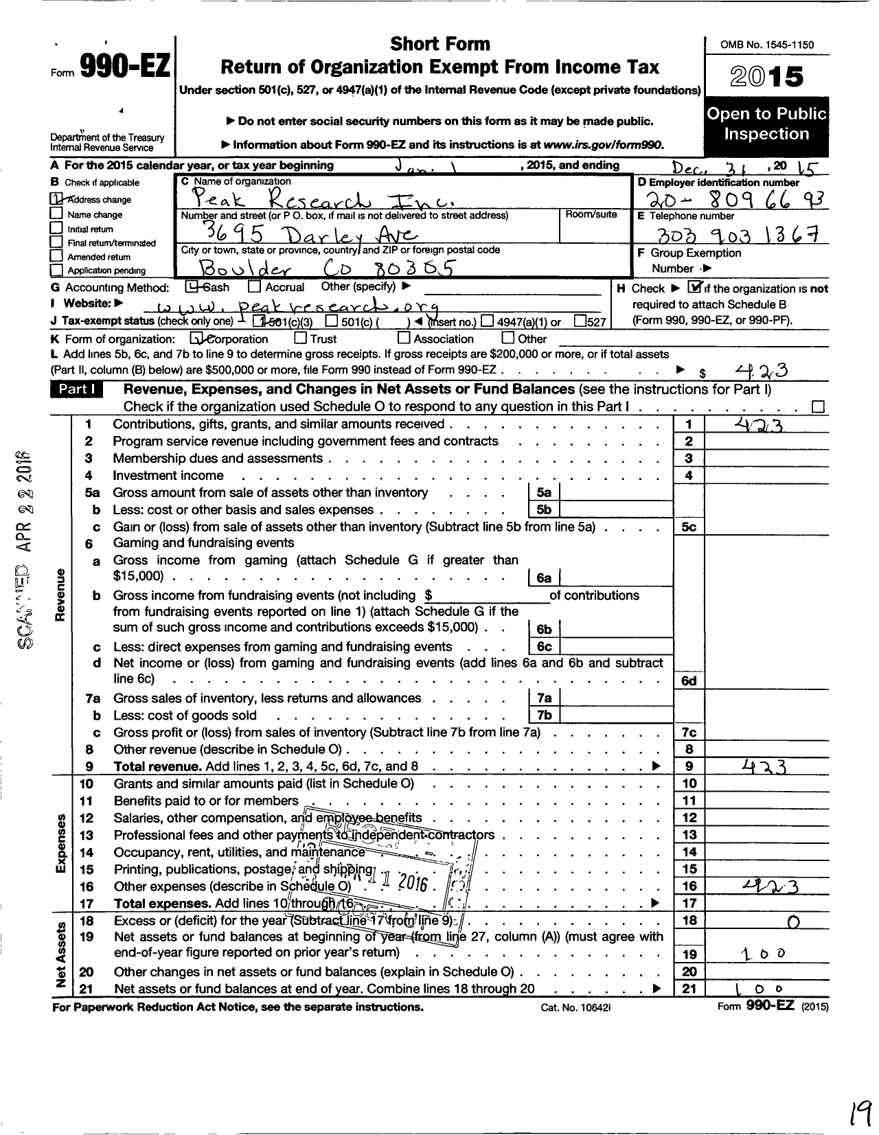 Image of first page of 2015 Form 990EZ for Peak Research