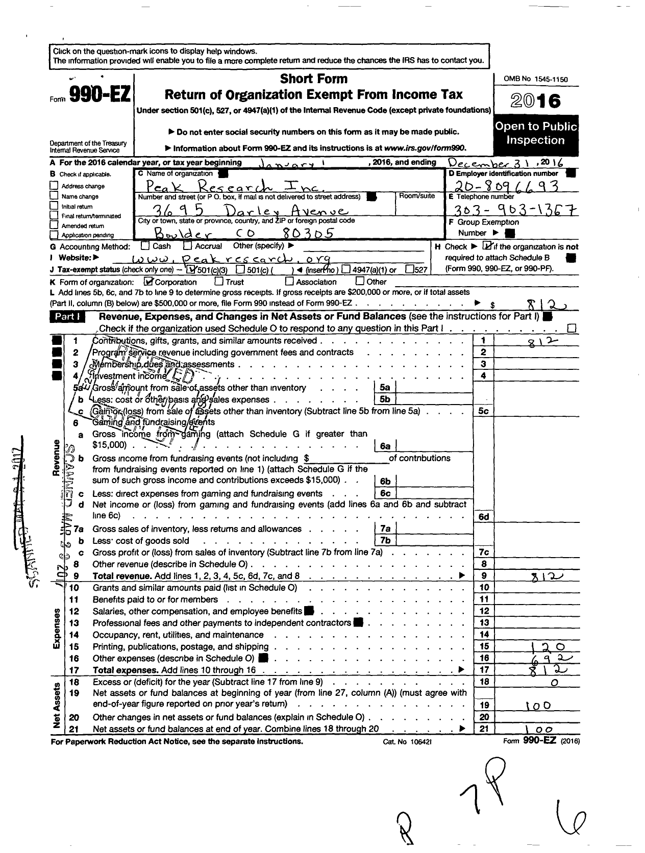 Image of first page of 2016 Form 990EZ for Peak Research