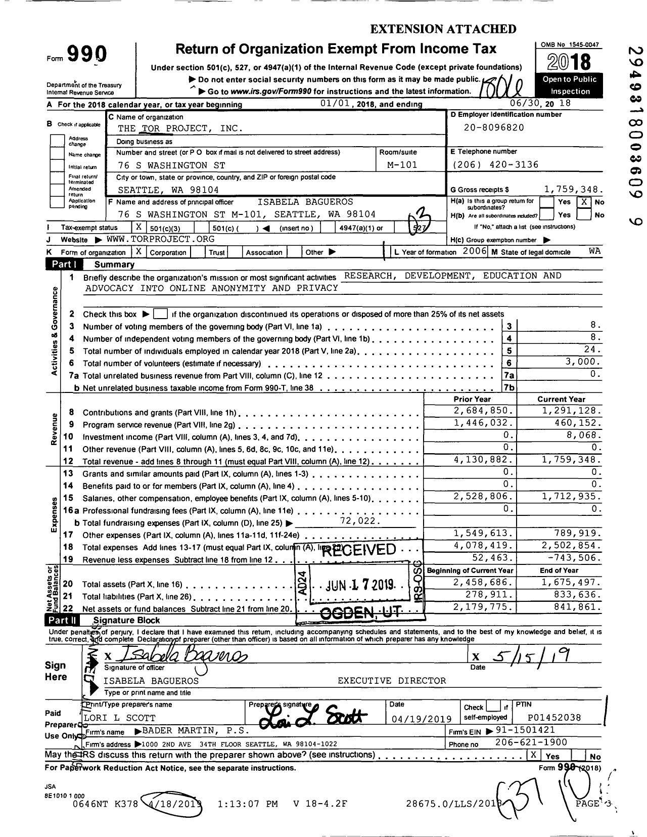 Image of first page of 2017 Form 990 for Tor Project