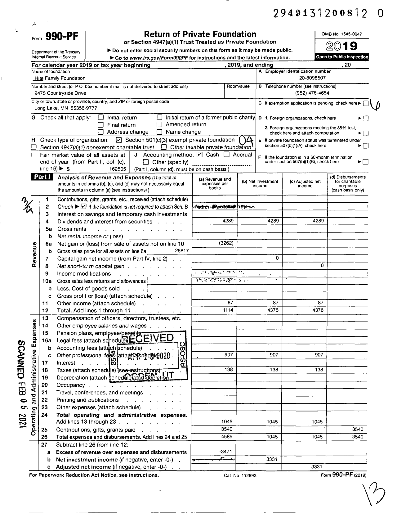 Image of first page of 2019 Form 990PF for Hite Family Foundation