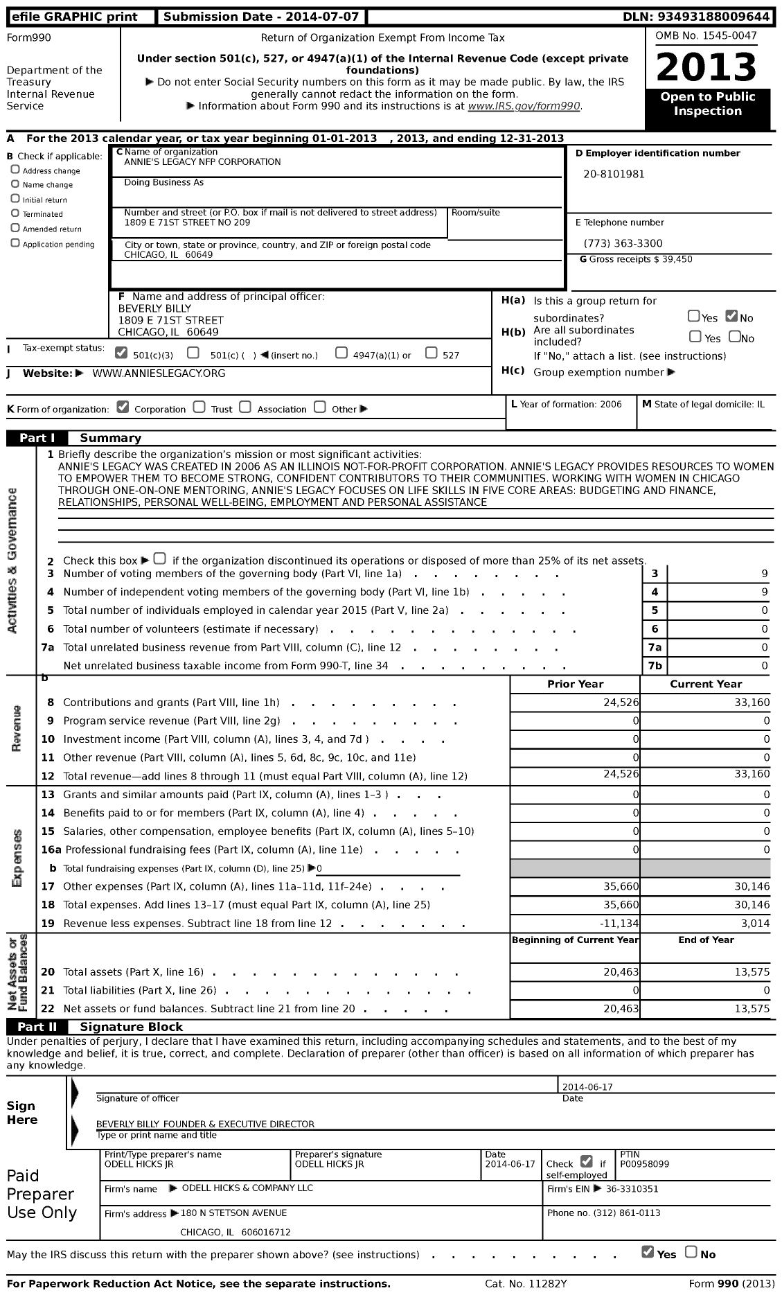 Image of first page of 2013 Form 990 for Annie's Legacy NFP Corporation