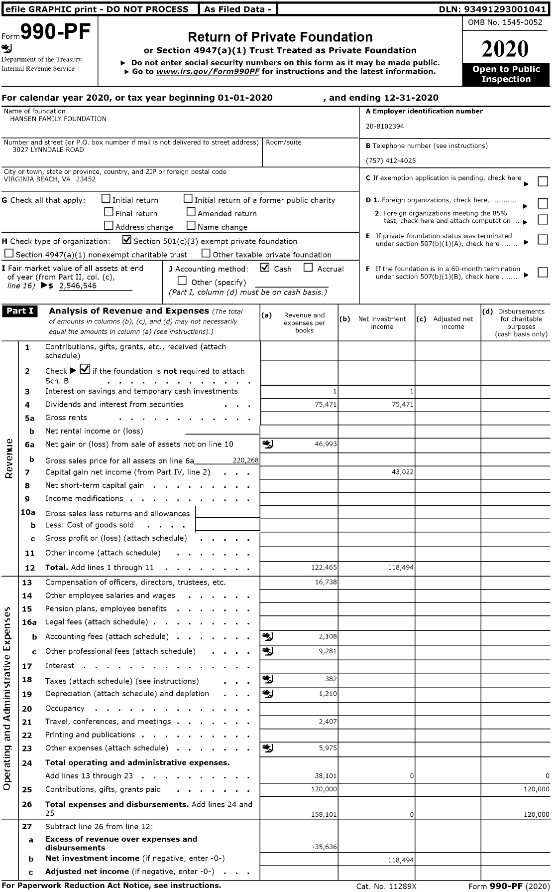 Image of first page of 2020 Form 990PF for Hansen Family Foundation