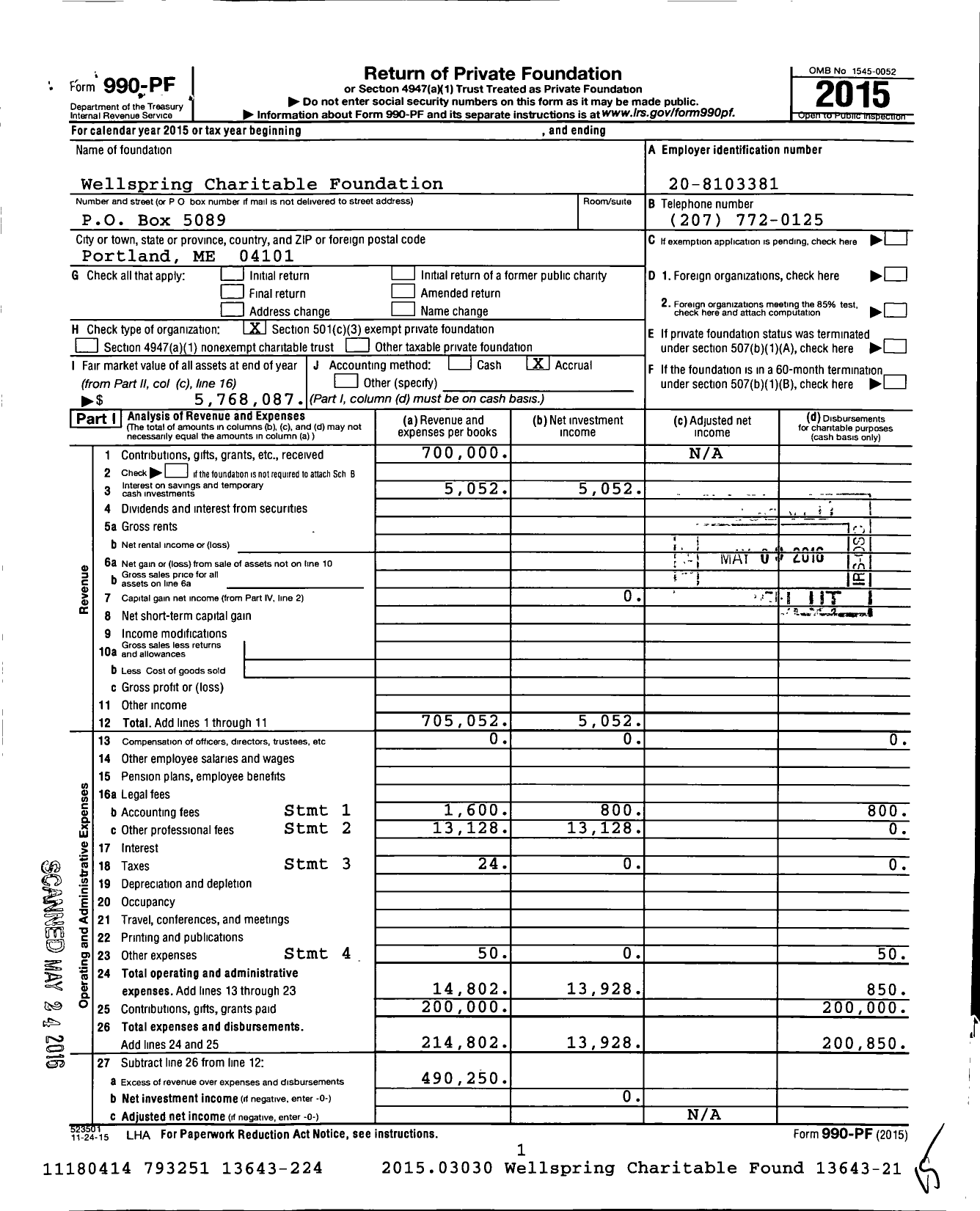 Image of first page of 2015 Form 990PF for Wellspring Charitable Foundation