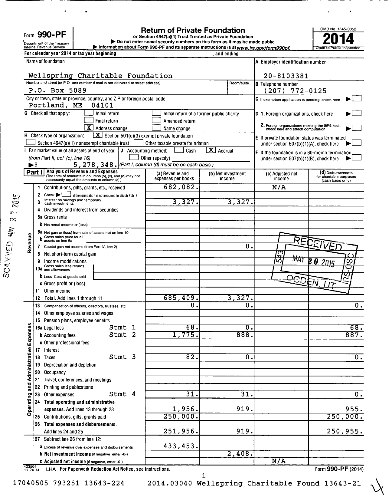 Image of first page of 2014 Form 990PF for Wellspring Charitable Foundation
