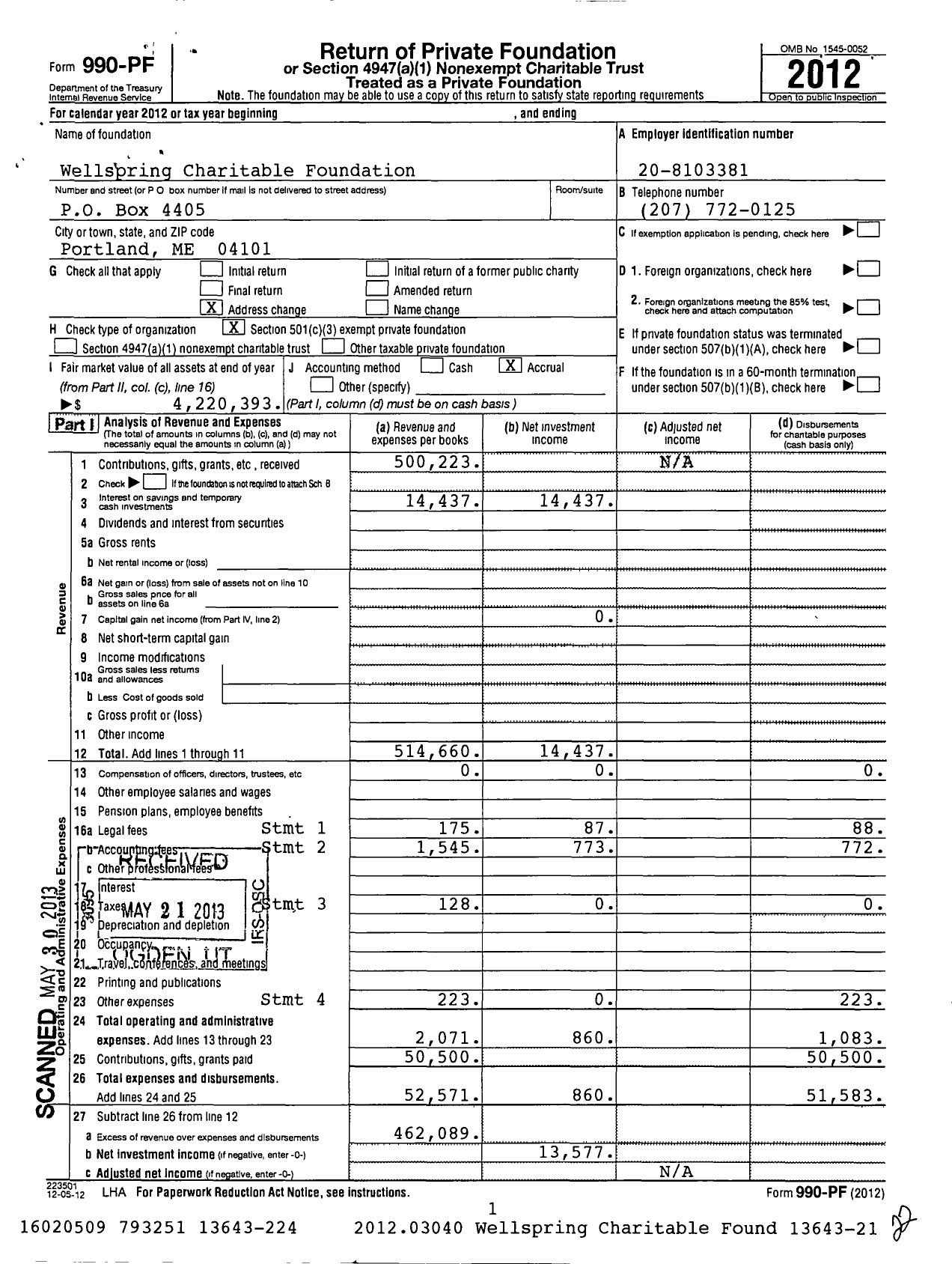 Image of first page of 2012 Form 990PF for Wellspring Charitable Foundation