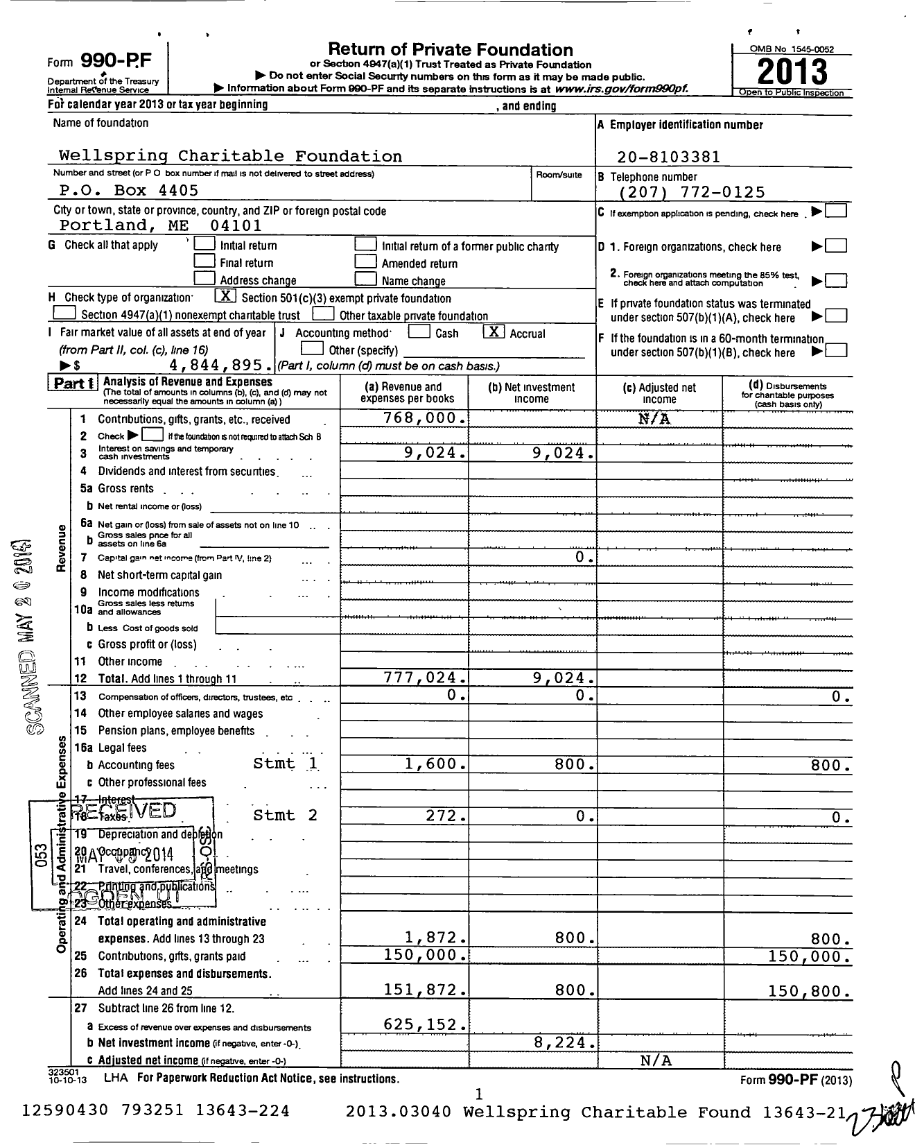 Image of first page of 2013 Form 990PF for Wellspring Charitable Foundation