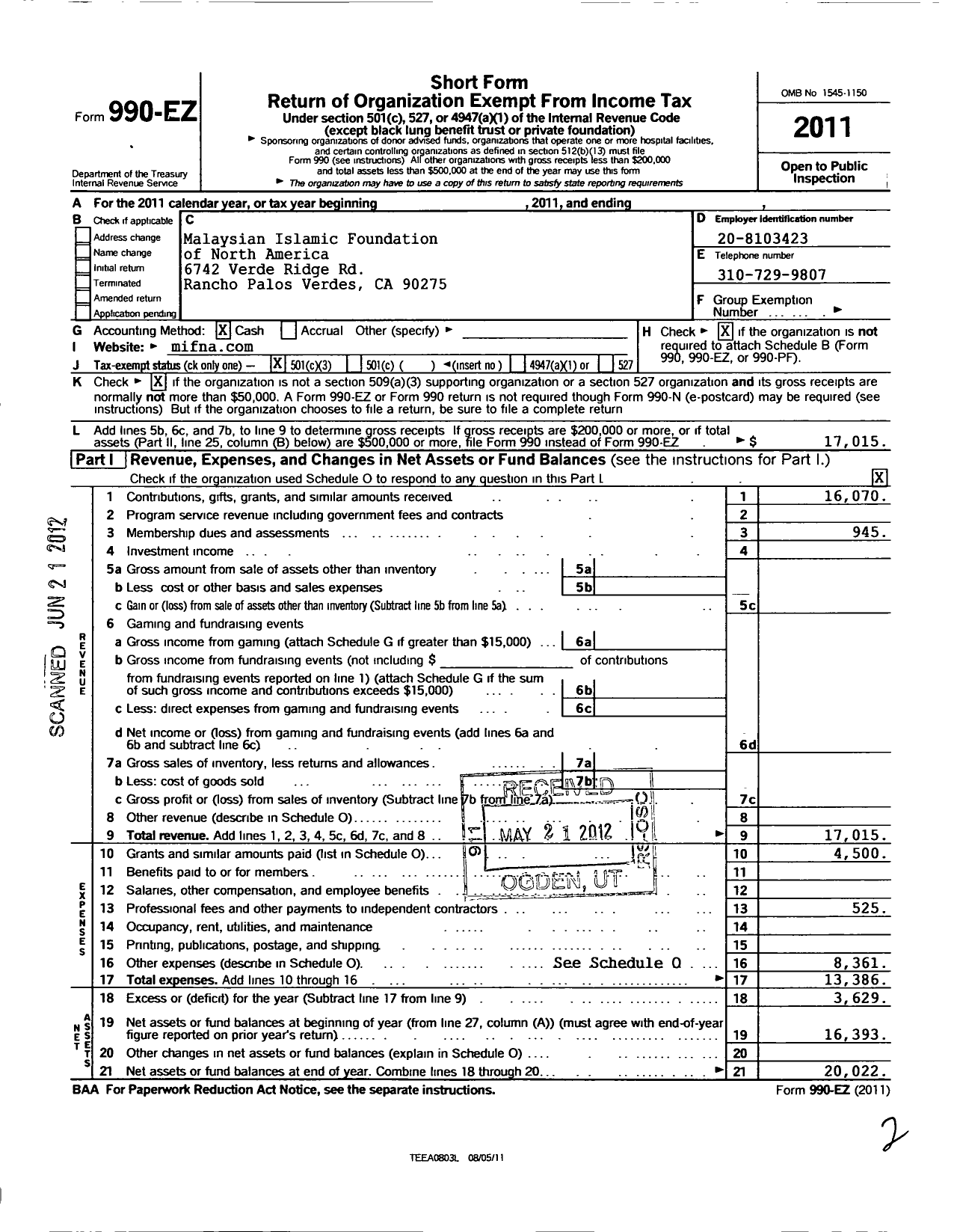 Image of first page of 2011 Form 990EZ for Malaysian Islamic Foundation of North America