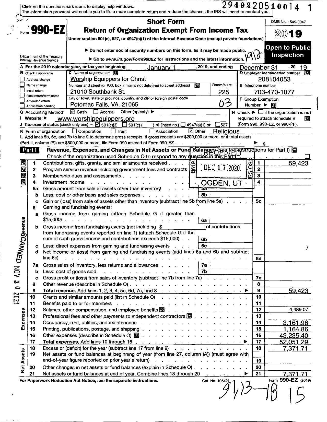 Image of first page of 2019 Form 990EZ for Worship Equippers for Christ