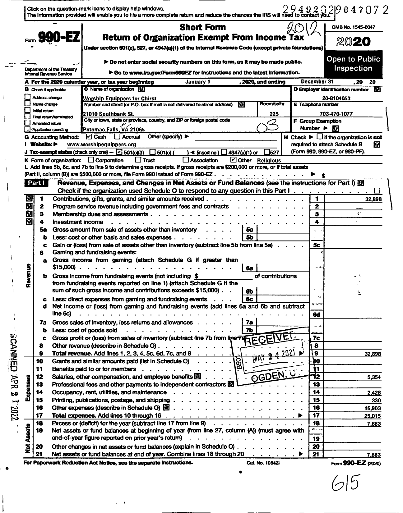 Image of first page of 2020 Form 990EZ for Worship Equippers for Christ