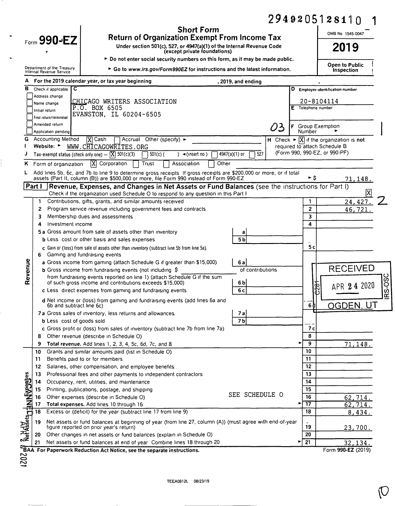 Image of first page of 2019 Form 990EZ for Chicago Writers Association