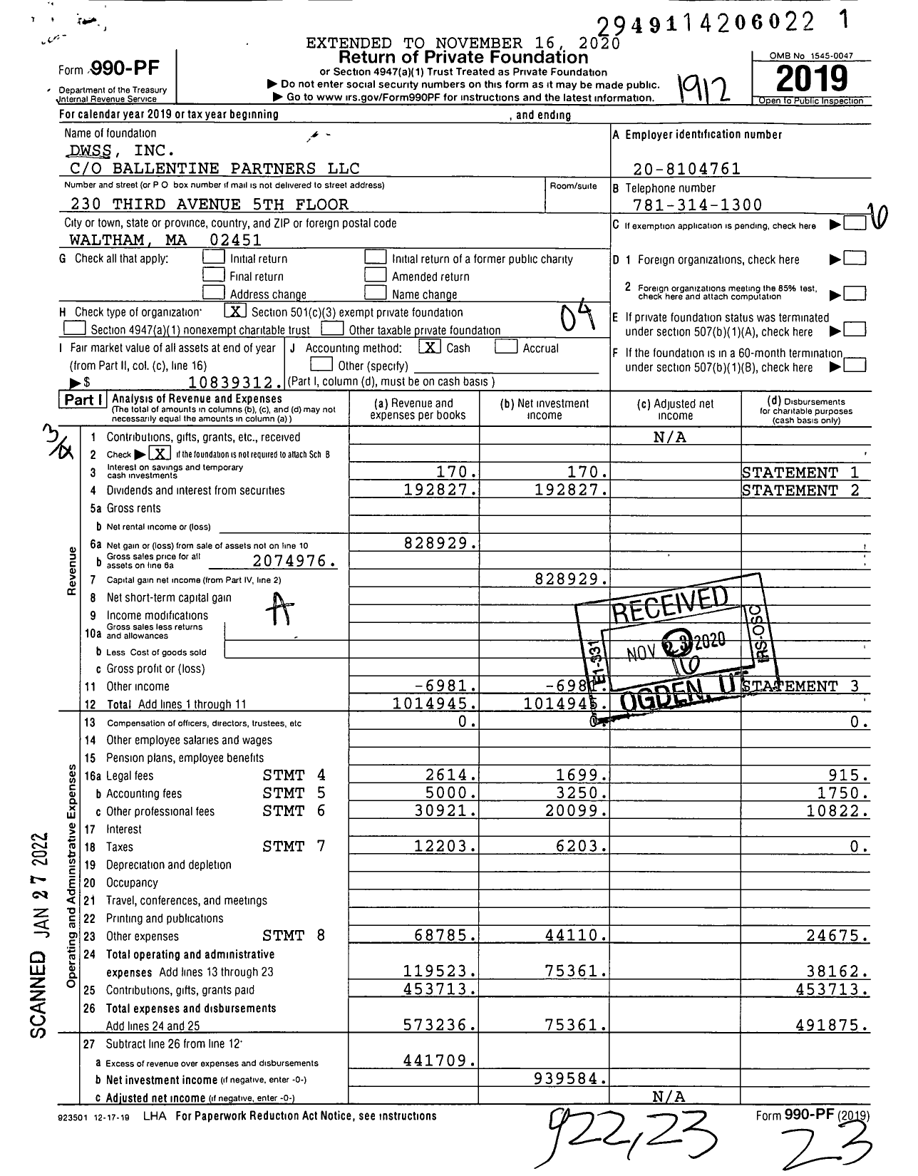 Image of first page of 2019 Form 990PF for DWSS