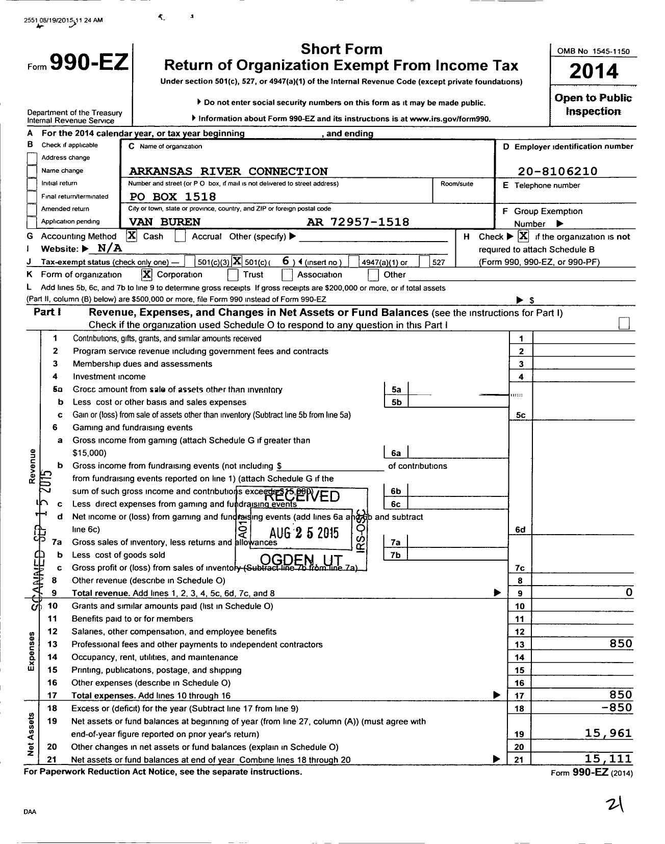 Image of first page of 2014 Form 990EO for Arkansas River Connection