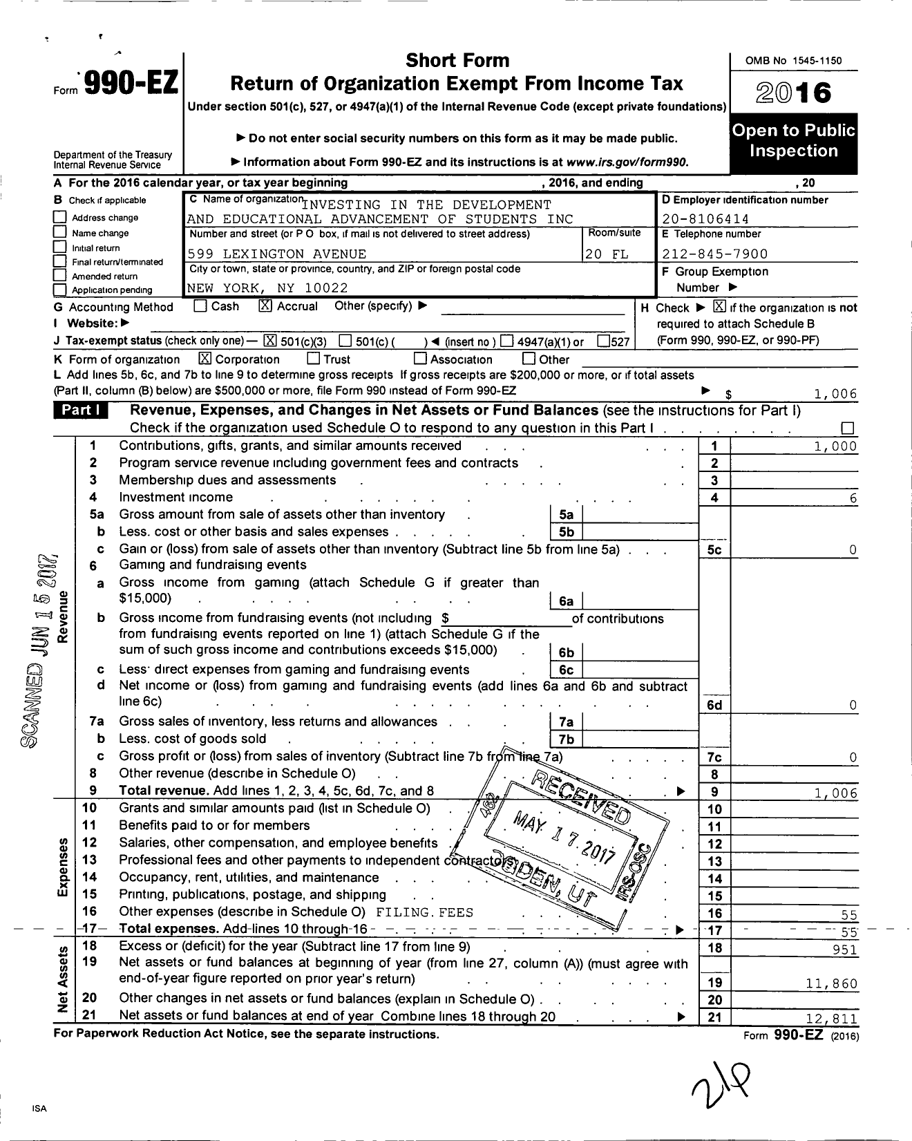 Image of first page of 2016 Form 990EZ for Investing in the Development and Educational Advancement of Students