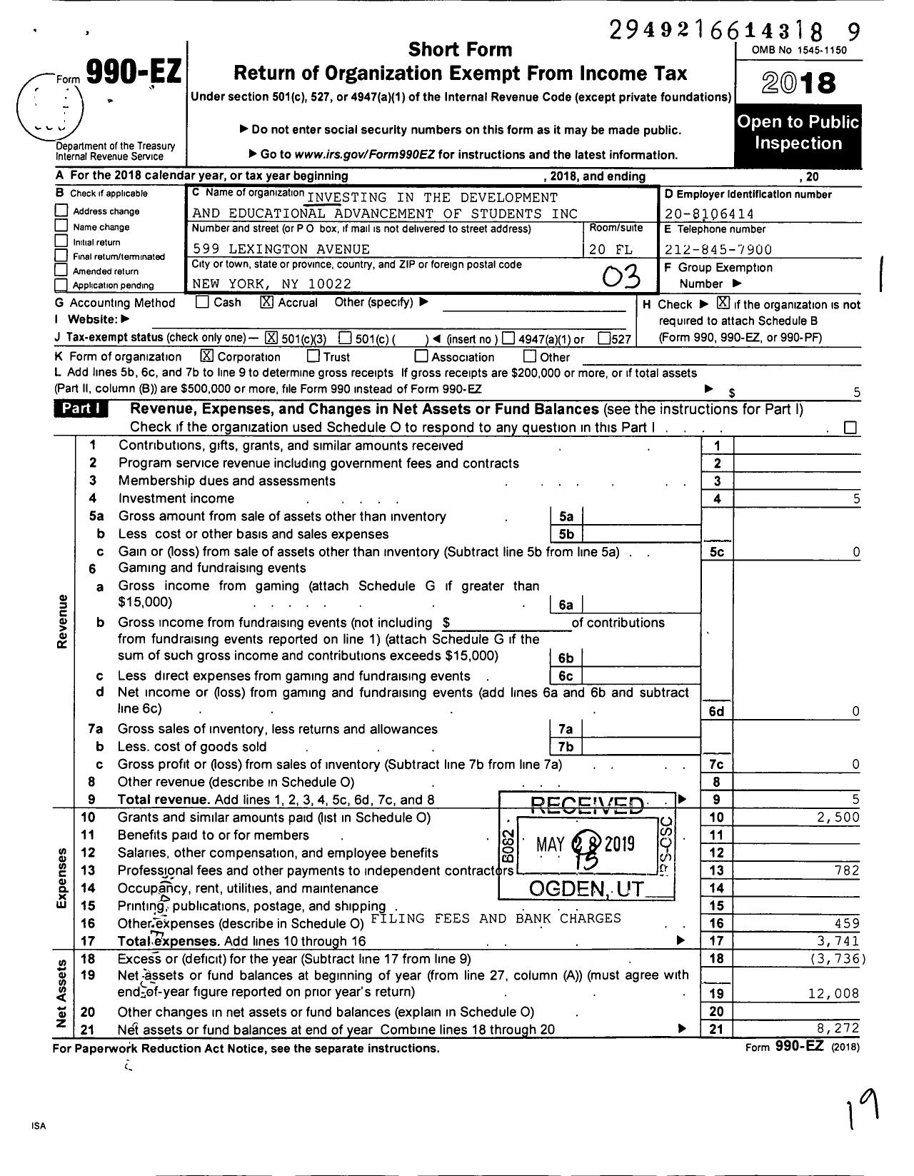 Image of first page of 2018 Form 990EZ for Investing in the Development and Educational Advancement of Students