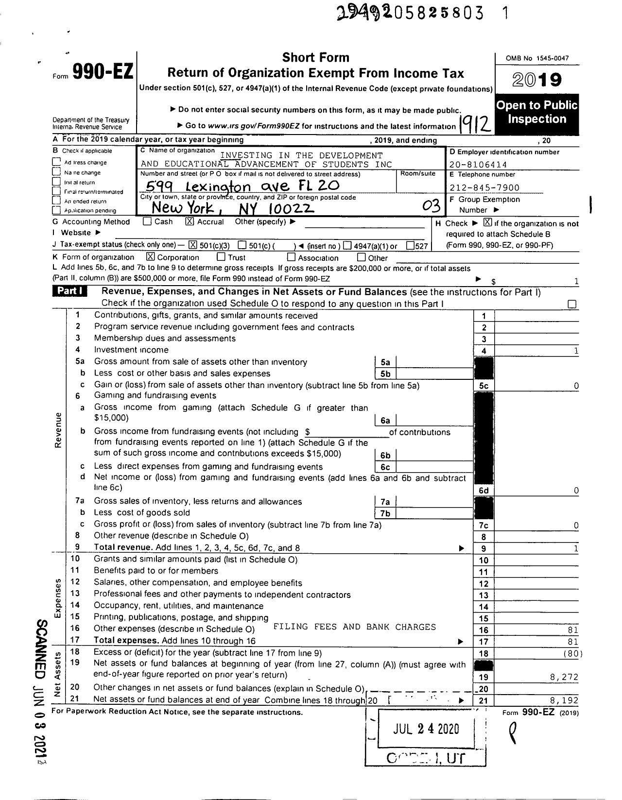 Image of first page of 2019 Form 990EZ for Investing in the Development and Educational Advancement of Students