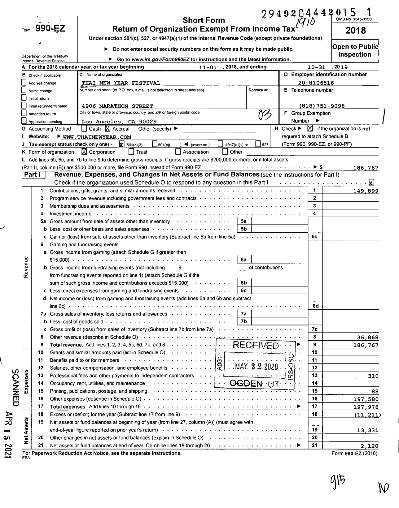 Image of first page of 2018 Form 990EZ for Thai New Year Festival