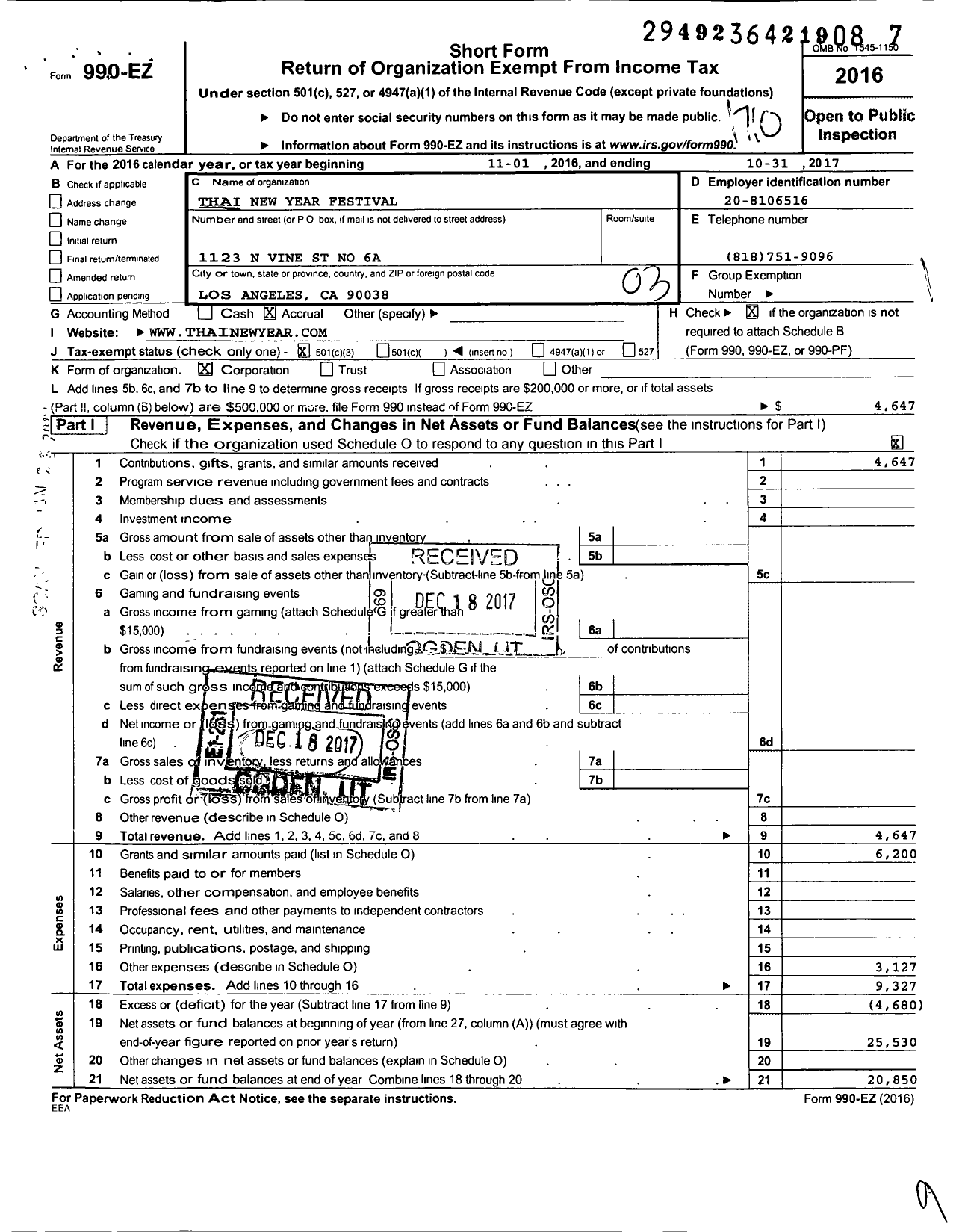 Image of first page of 2016 Form 990EZ for Thai New Year Festival