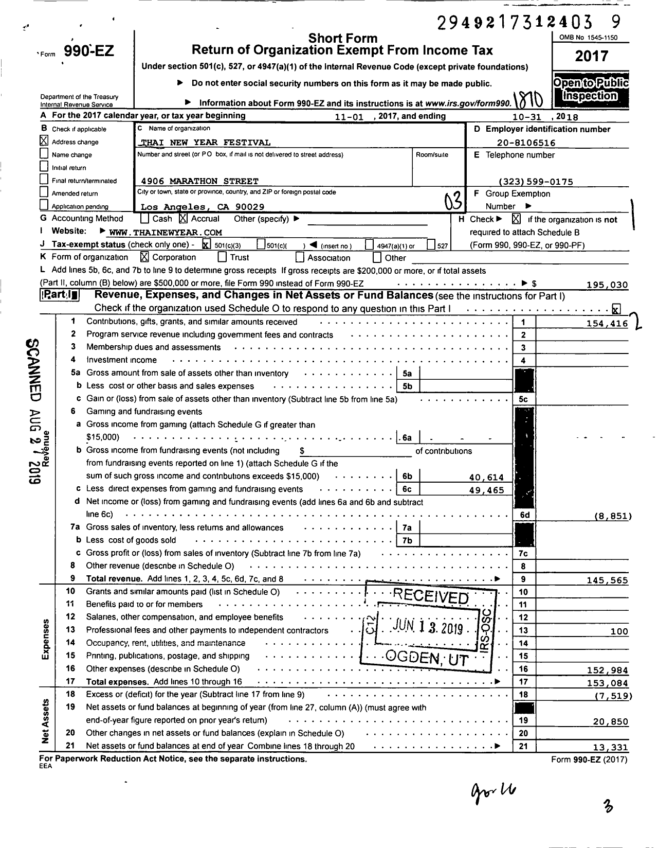 Image of first page of 2017 Form 990EZ for Thai New Year Festival