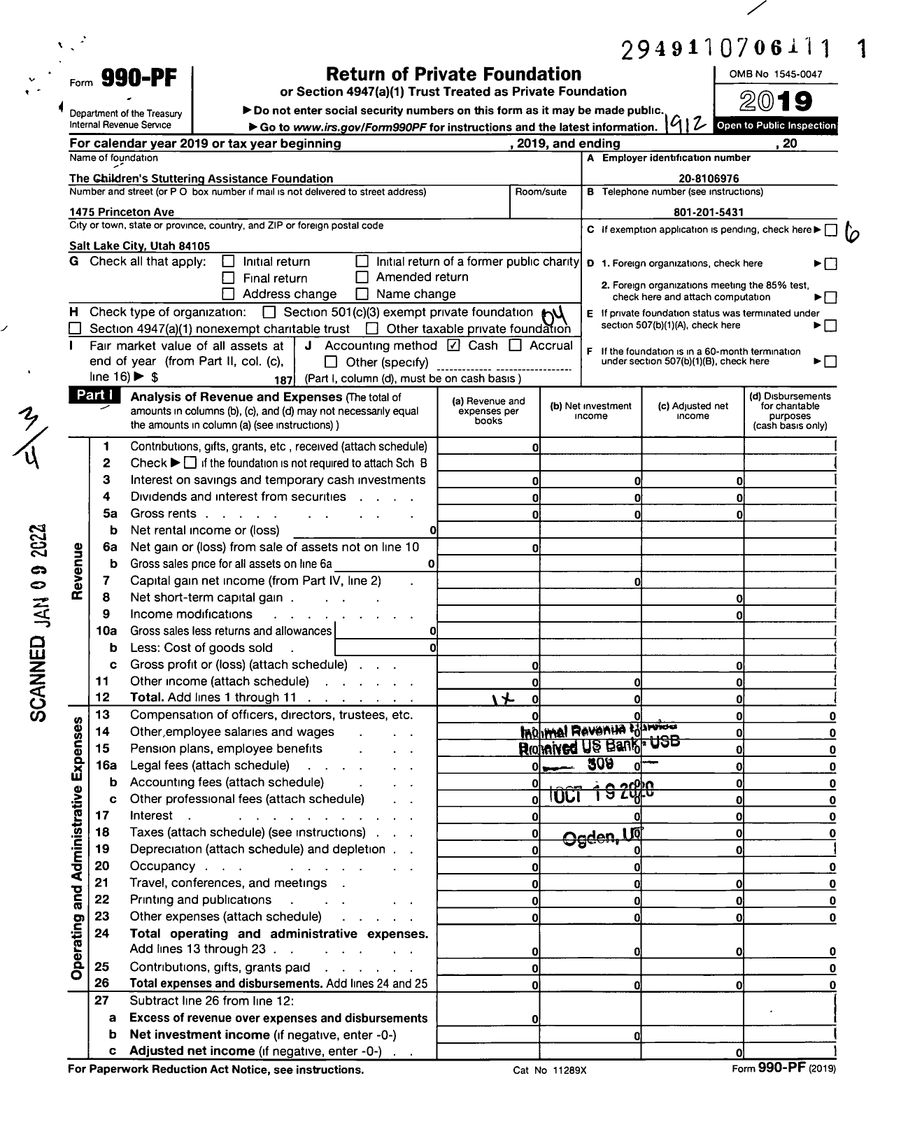 Image of first page of 2019 Form 990PF for Childrens Stuttering Assistancefoundation