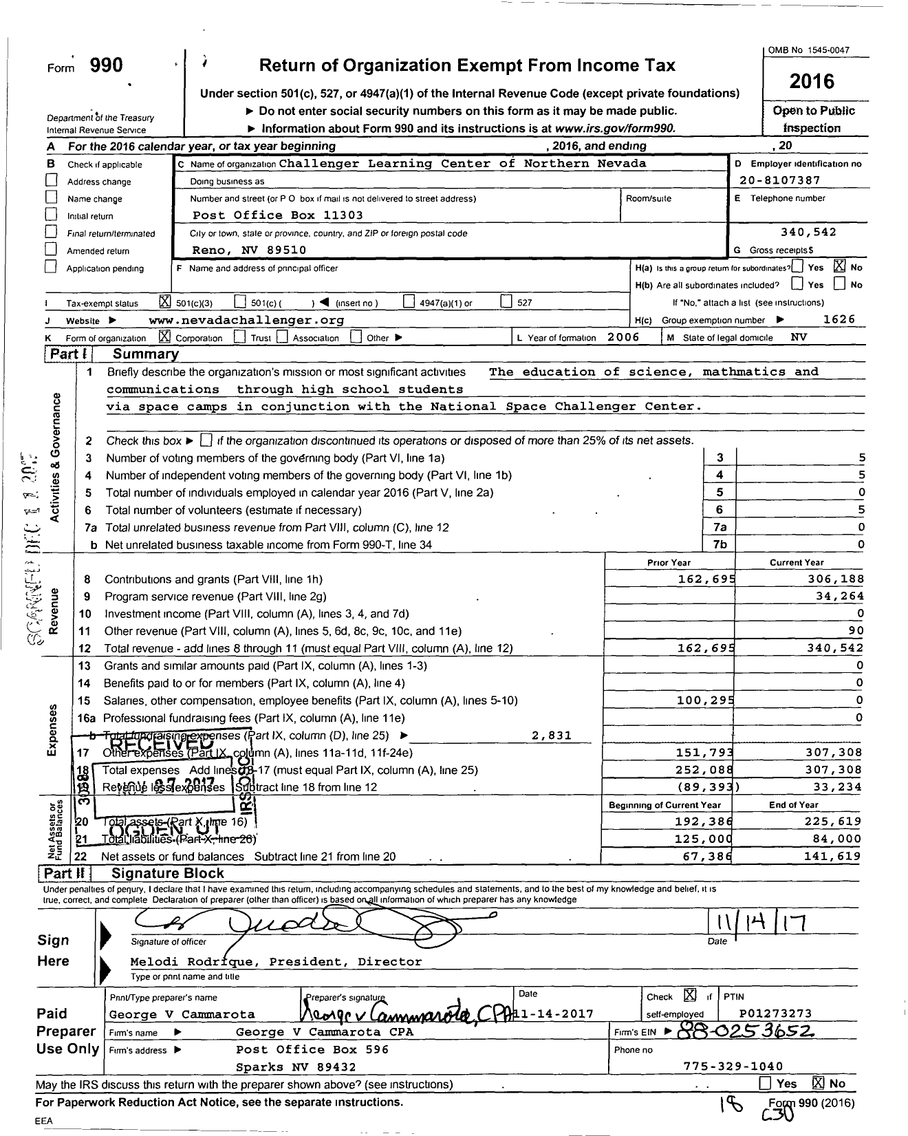 Image of first page of 2016 Form 990 for Challenger Learning Center of Northern Nevada