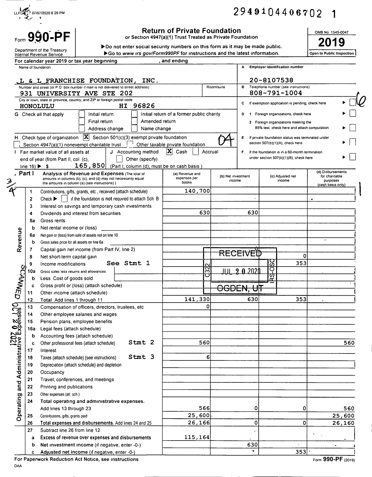 Image of first page of 2019 Form 990PF for L and L Franchise Foundation