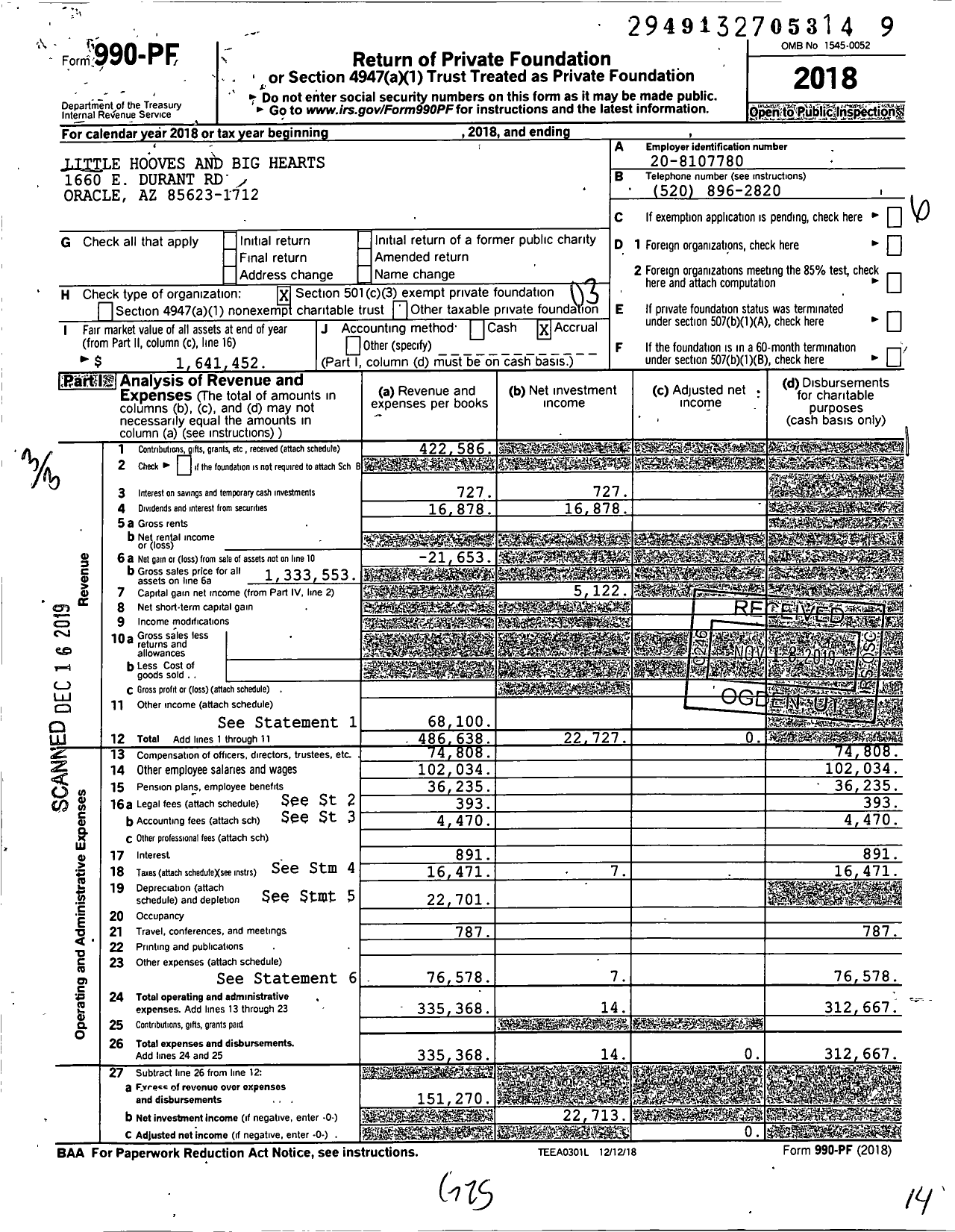 Image of first page of 2018 Form 990PF for Little Hooves and Big Hearts