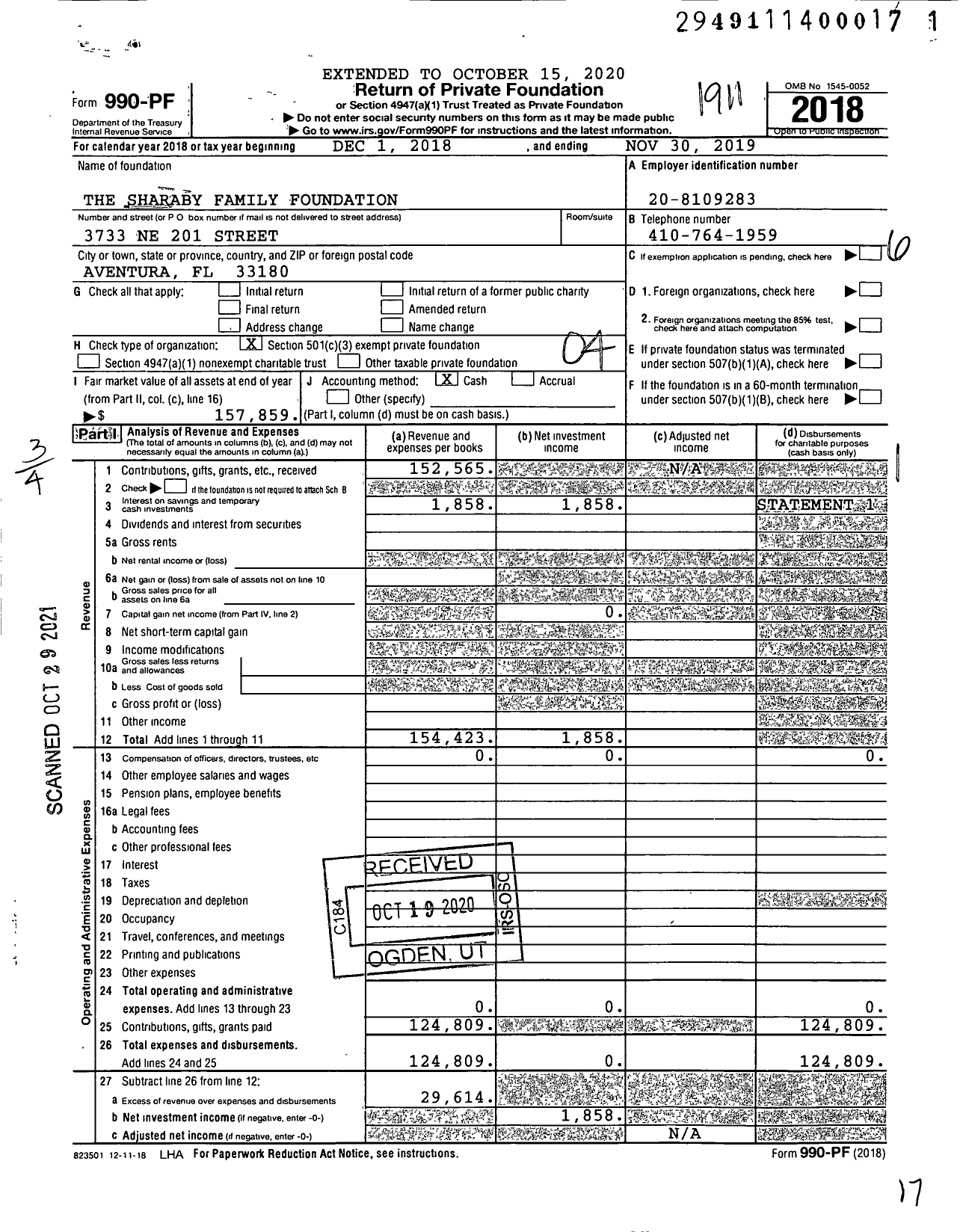 Image of first page of 2018 Form 990PF for The Sharaby Family Foundation