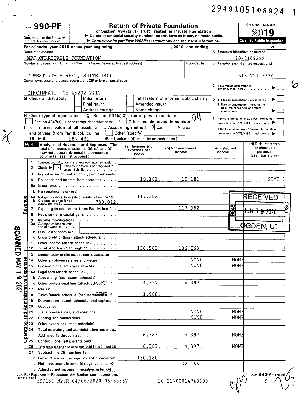 Image of first page of 2019 Form 990PF for WFJ Charitable Foundation